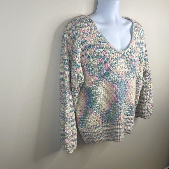 Vintage Womens Chunky Baggy Crochet Pullover Sweater Large Pastel Hipster Comfy - Picture 7 of 9